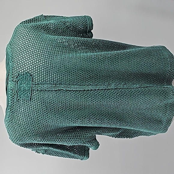 FP Green Open Knit Net Mesh Crew Neck Short Sleeve 100% Cotton T-shirt - Picture 9 of 13